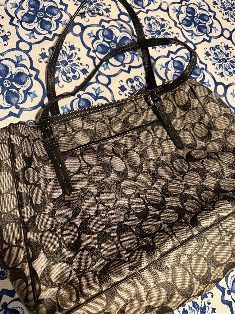 Coach Signature Shoulder Bag in Black and Taupe